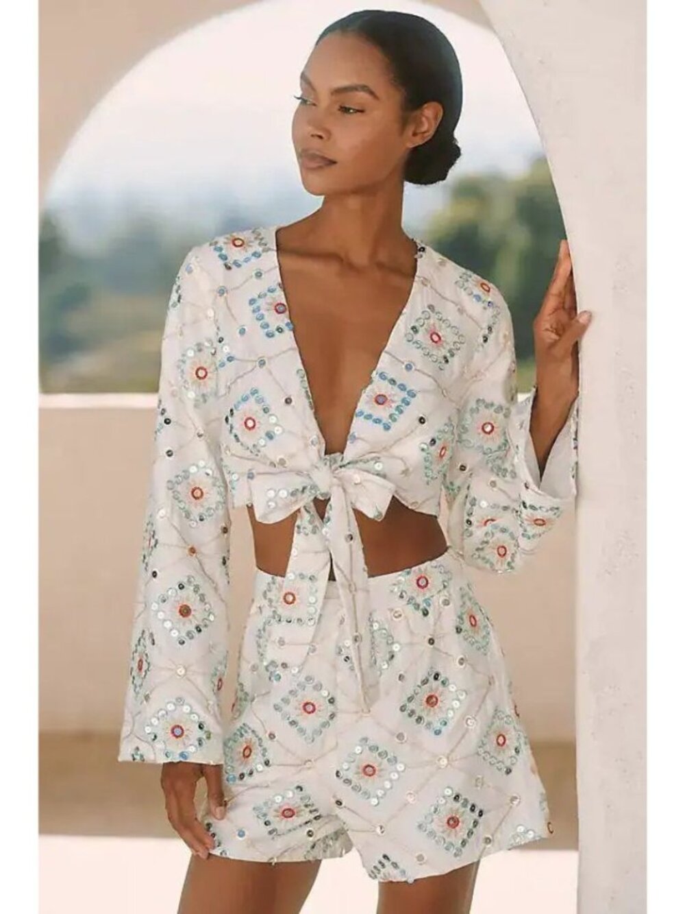 BLITHE Embellished Mirror Geometric Party Shorts Women's Size M White